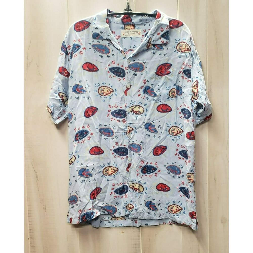 Rowdy Gentleman Hawaiian Shirt Men's L Light Blue Sombrero Print Cotton Viscose